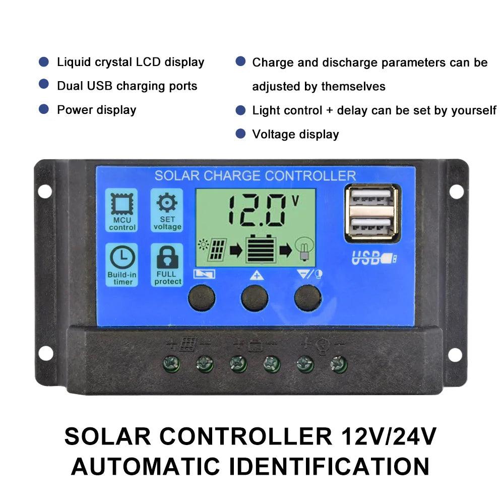 30A 20A 10A Solar Panel Controller 12V/24V Battery Charge Regulator 2USB 10A~100A Photovoltaic Cell Panel Charger Regulator Solar Regulator