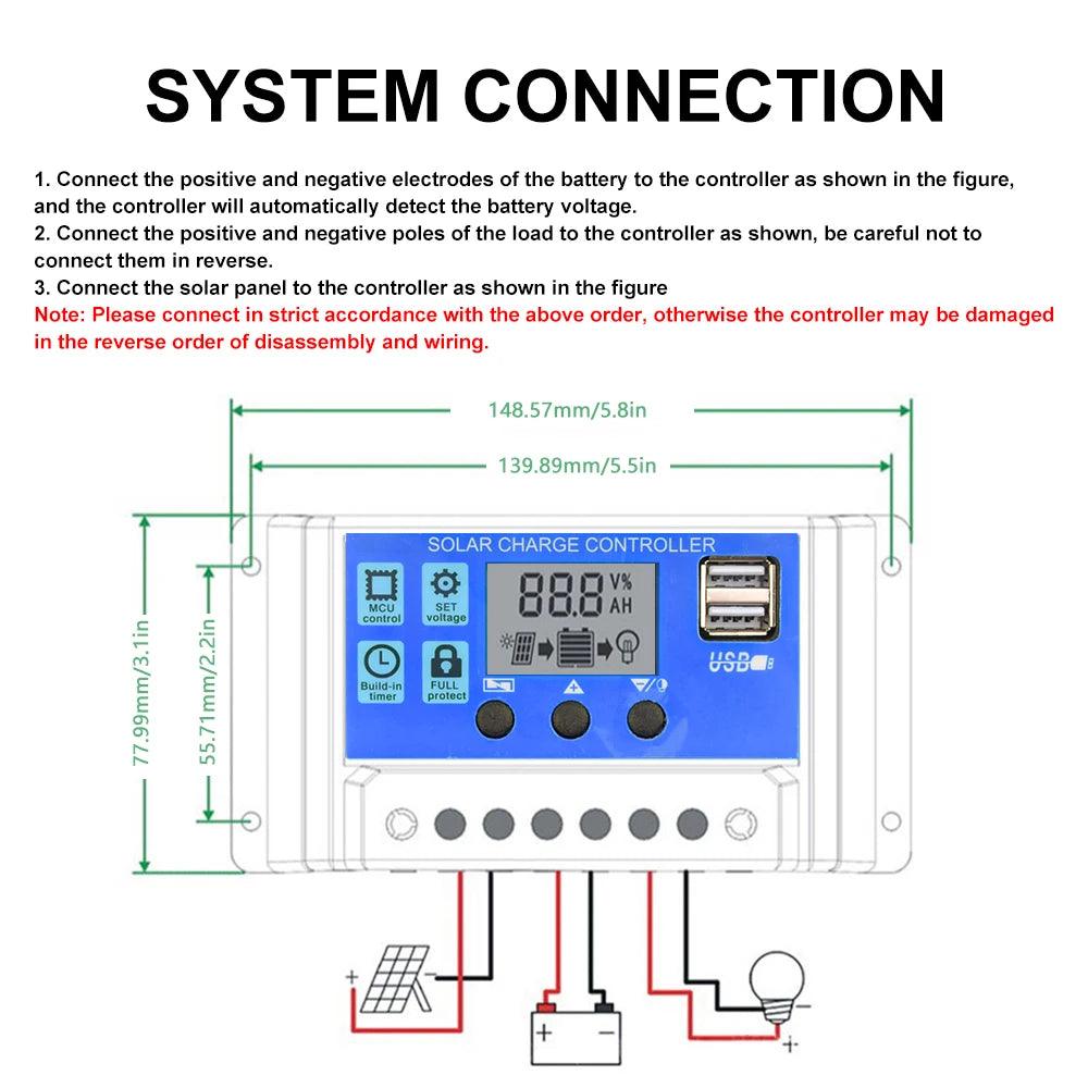 30A 20A 10A Solar Panel Controller 12V/24V Battery Charge Regulator 2USB 10A~100A Photovoltaic Cell Panel Charger Regulator Solar Regulator