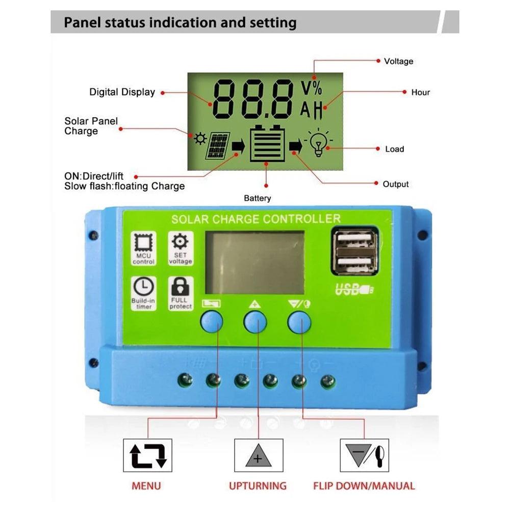 30A 20A 10A Solar Panel Controller 12V/24V Battery Charge Regulator 2USB 10A~100A Photovoltaic Cell Panel Charger Regulator Solar Regulator