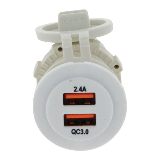 Dual USB White Socket Port 1 2.4A Port 2: QC3.0 Non Led