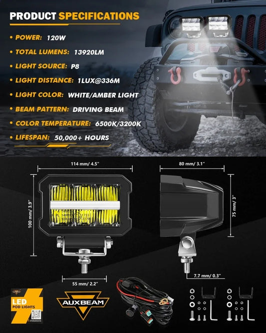 AUXBEAM 4.5 inch LED Work Light 120W 13920LM Light Pod with WHITE DRL & AMBER TURN SIGNAL Offroad Driving Fog Lamp