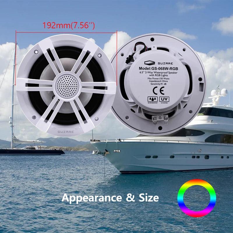 Marine RGB Speakers, 6.5-inch,150Watts*2-Way,2Pcs, White,IP66 Waterproof,Made for Boats & Parties