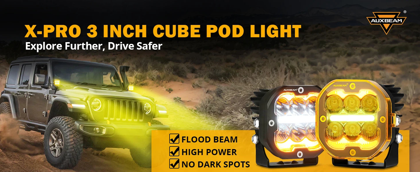 AUXBEAM LED Driving Lights 3/5 inch Work Light Pods Combo Beam Offroad LED Spotlights WITH WHITE DRL&AMBER TURN SIGNAL LIGHT