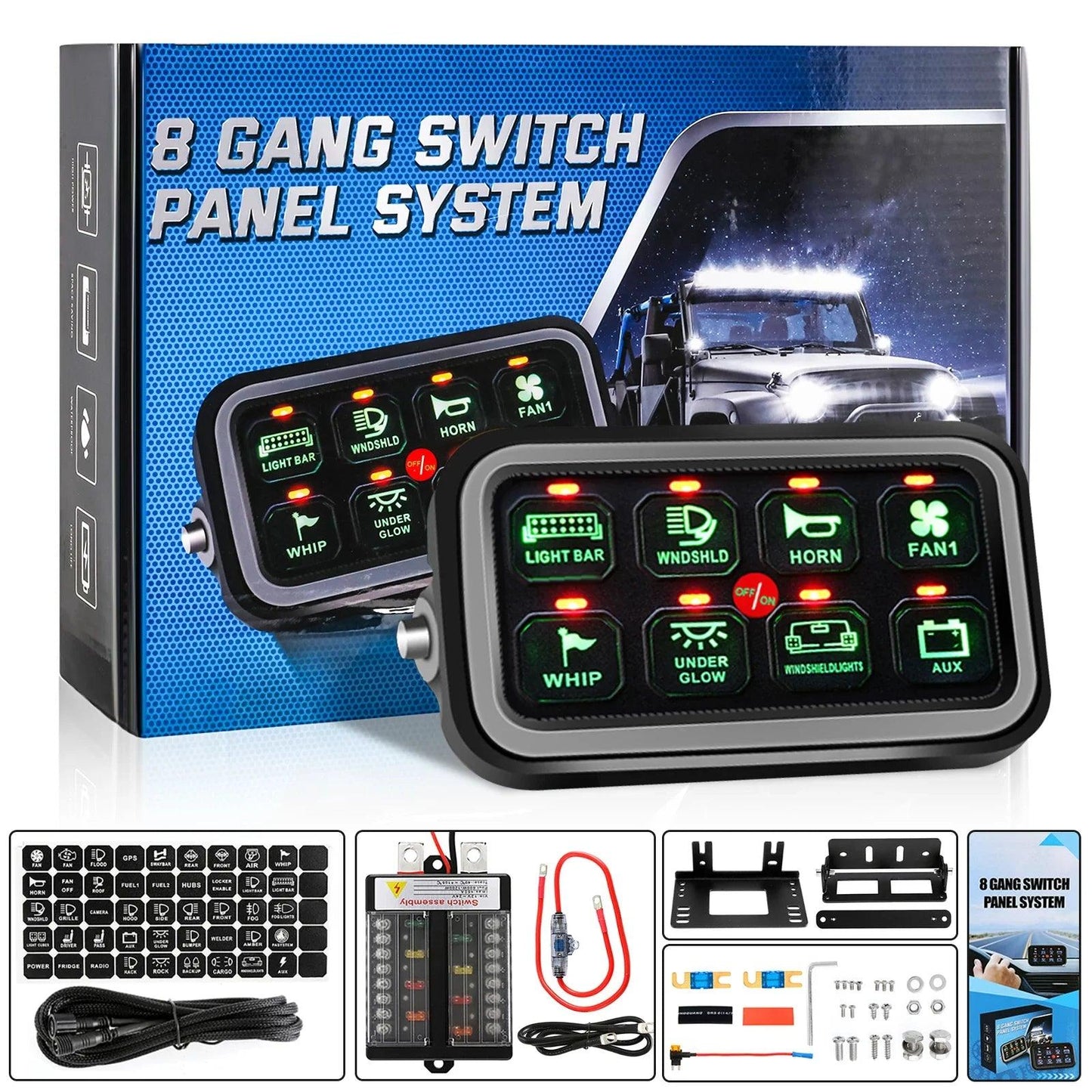 8 Gang On-Off Switch Panel LED Backlight Universal Power System Electronic Relay System Controller for SUV CAMPER RV MARINE