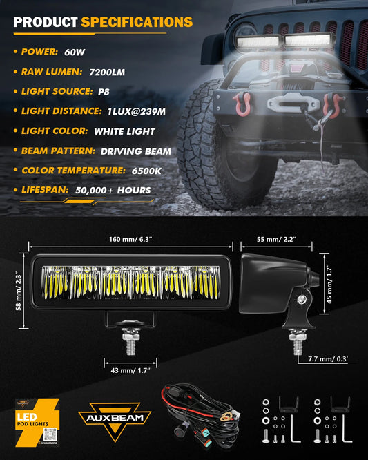 AUXBEAM 6.3 inch LED Work Light Driving Fog Lamp 60W 7200LM White Light Pod with Wire Harness for Offroad Truck SUV ATV UTV Boat