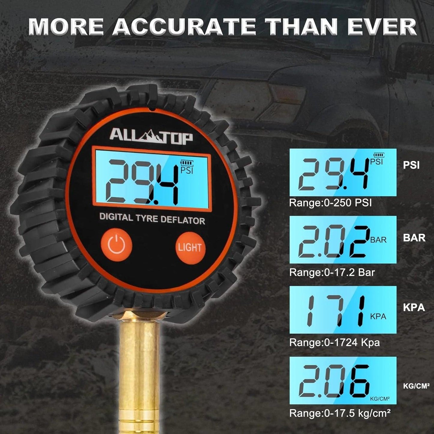 250PSI Digital Tire Pressure Inflator Gauge Aluminum Alloy LCD Tyre Pressure Meter