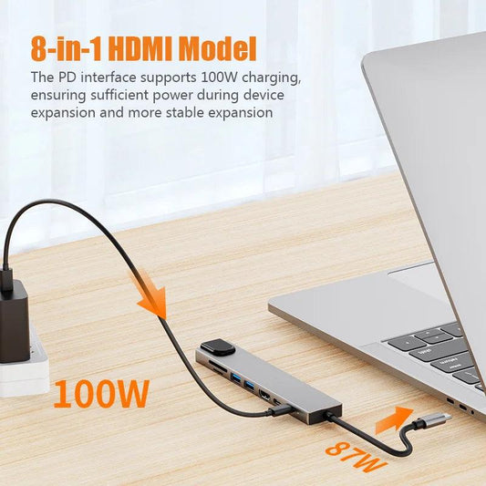 Type C Extender 8 in 1 USB HUB with HDMI Laptop Converter USB C to USB 3.0 2.0 Disk Ethernet Cable Card Reader and Charging Dock