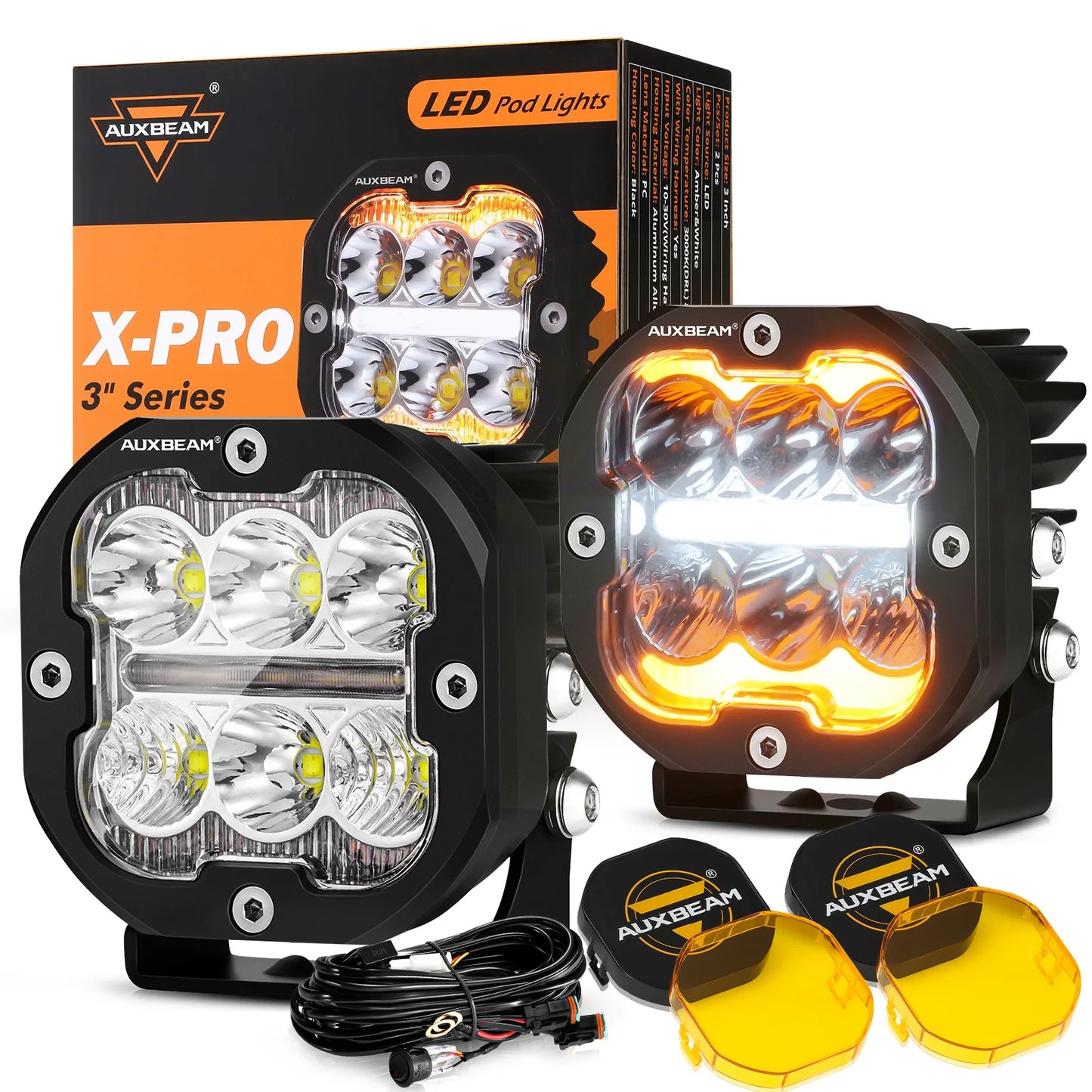 AUXBEAM LED Driving Lights 3/5 inch Work Light Pods Combo Beam Offroad LED Spotlights WITH WHITE DRL&AMBER TURN SIGNAL LIGHT