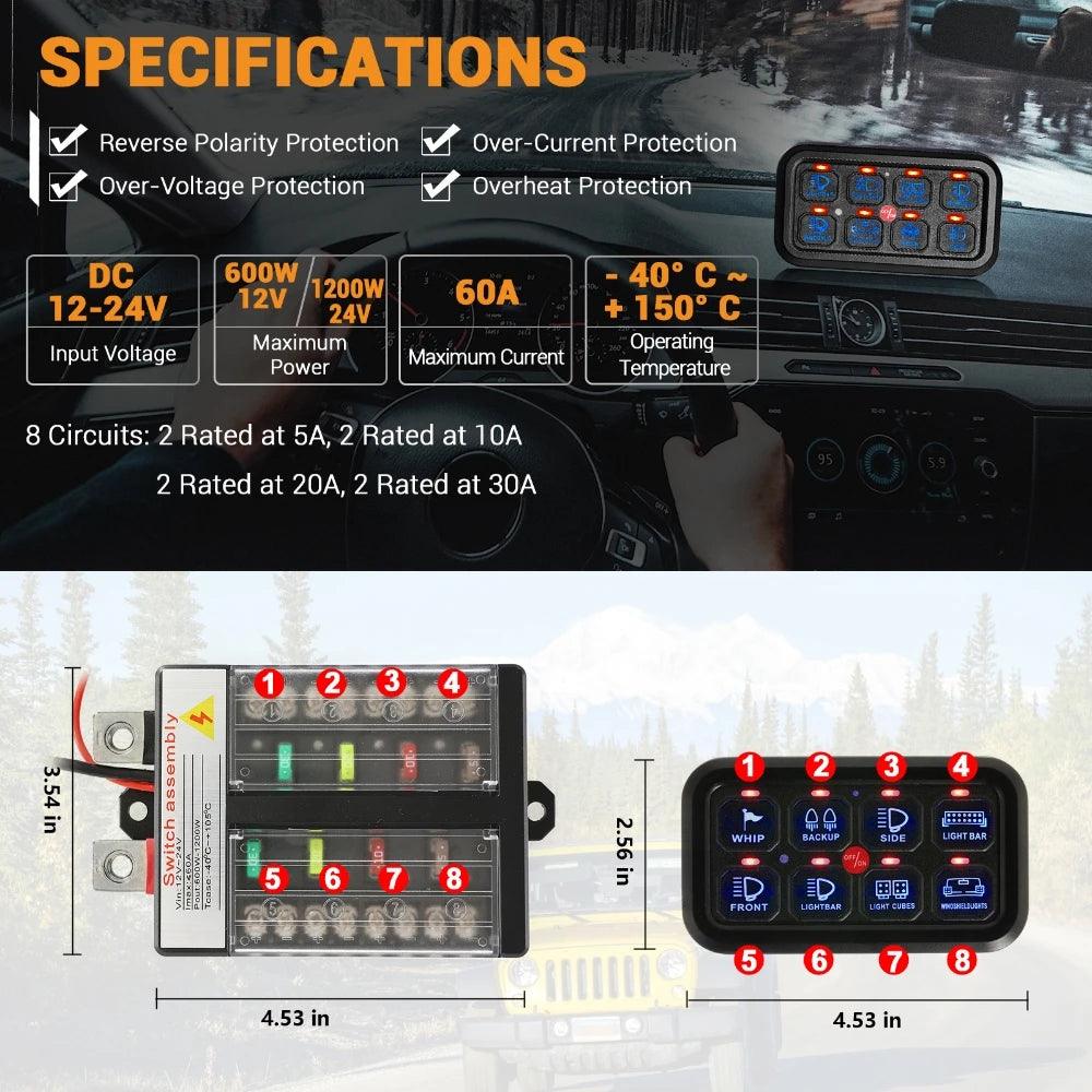 8 Gang On-Off Switch Panel LED Backlight Universal Power System Electronic Relay System Controller for SUV CAMPER RV MARINE